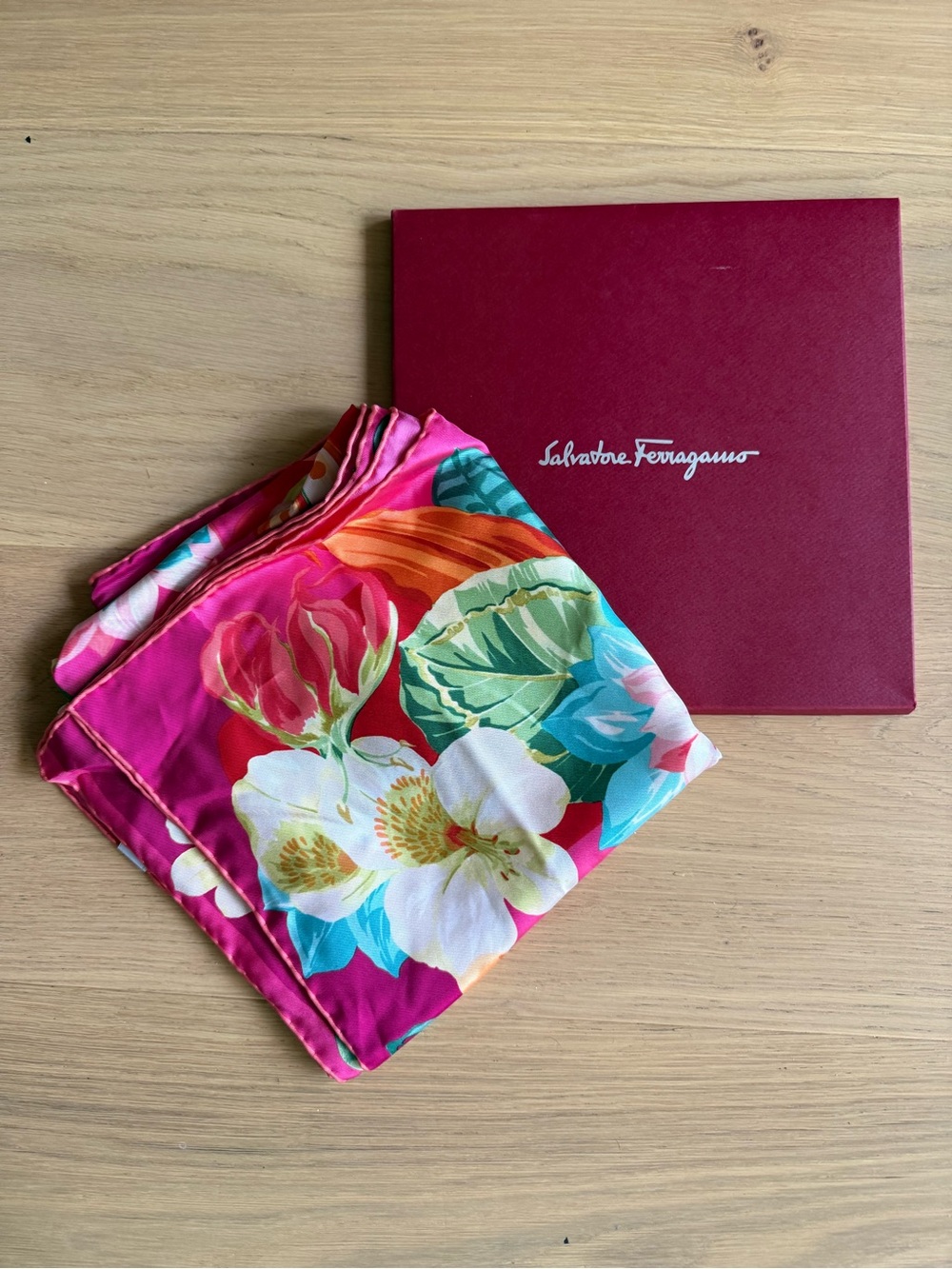 Salvatore Ferragamo Pink Floral Silk Scarf